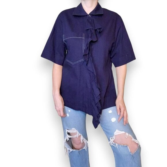YUNE HO Short Sleeve 100% Cotton Navy Button Down Ruffle Blouse Top - Picture 1 of 10